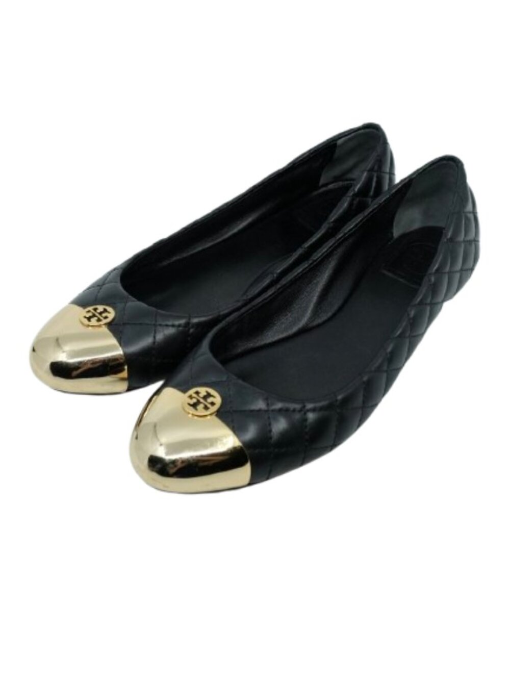TORY BURCH~Kaitlin~QUILTED BLACK LEATHER GOLD CAP TOE~BALLET FLATS SHOES Sz 8.5